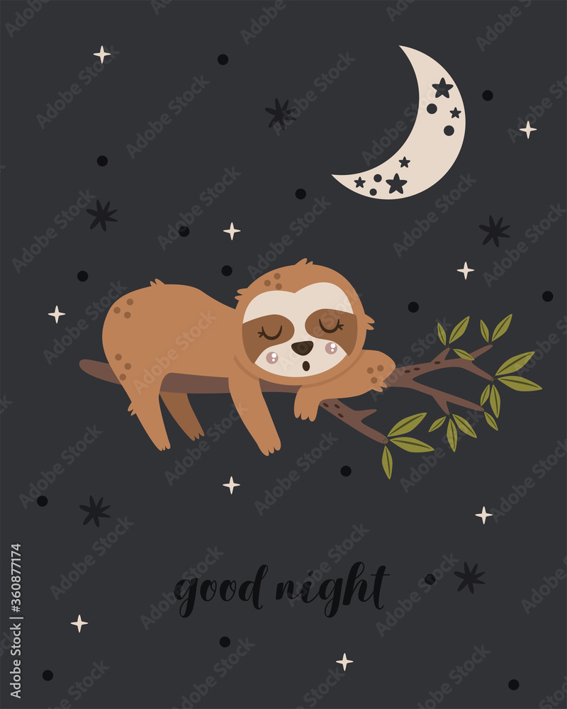 poster with sleeping sloth on a tree - vector illustration, eps