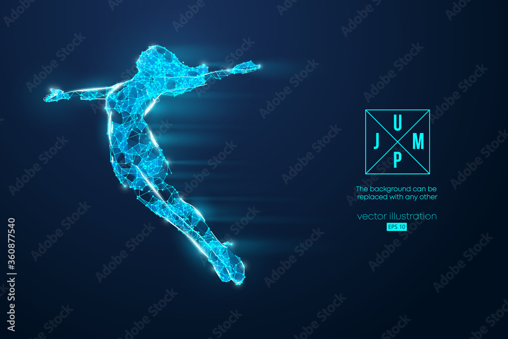 Abstract silhouette of a wireframe jumping woman. People in a jump symbolize freedom. Woman from particles on the blue background. Convenient organization of eps file. Vector. Thanks for watching