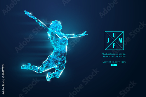 Abstract silhouette of a wireframe jumping woman. People in a jump symbolize freedom. Woman from particles on the blue background. Convenient organization of eps file. Vector. Thanks for watching