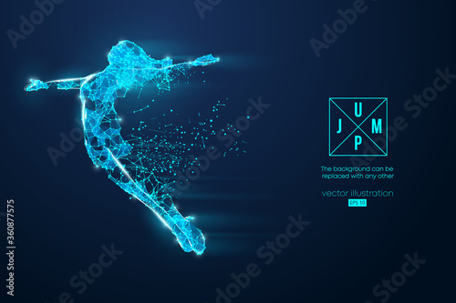 Abstract silhouette of a wireframe jumping woman. People in a jump symbolize freedom. Woman from particles on the blue background. Convenient organization of eps file. Vector. Thanks for watching