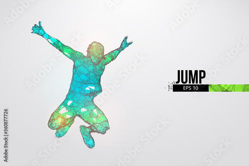 Abstract silhouette of a wireframe jumping man. People in a jump symbolize freedom. Man from particles on the white background. Convenient organization of eps file. Vector. Thanks for watching