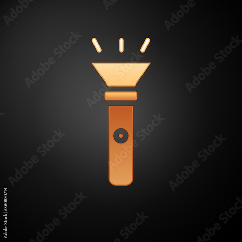 Gold Flashlight icon isolated on black background. Vector.