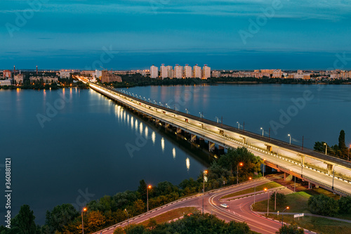 Evening Voronezh. Northern bridge over Voronezh river, aerial view