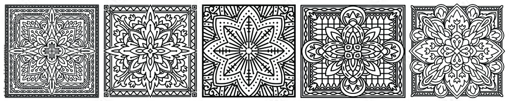Set of hand drawn square zentangle elements. Flower mandala. Vector illustration. 
