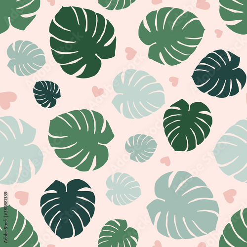 Vector seamless pattern with green tropical leaves and small scattered pink hearts. Abstract geometric texture with monstera plant. Summer floral background. Cute repeat design for decor, wallpapers