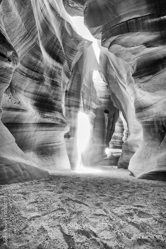 Beautiful wide angle view of sandstone formations in famous Antelope Canyon on a sunny day filtering light rays, Page, American Southwest, Arizona, USA