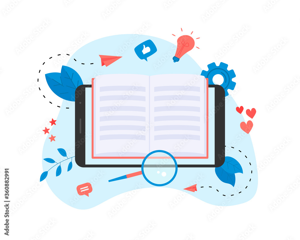 Flat design ebook concept. Online libraries and books
