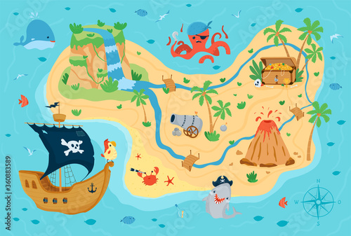 Pirate treasure map for children in cartoon style. Cute concept for kids room design, Wallpaper, textiles, play, apparel. Vector illustration