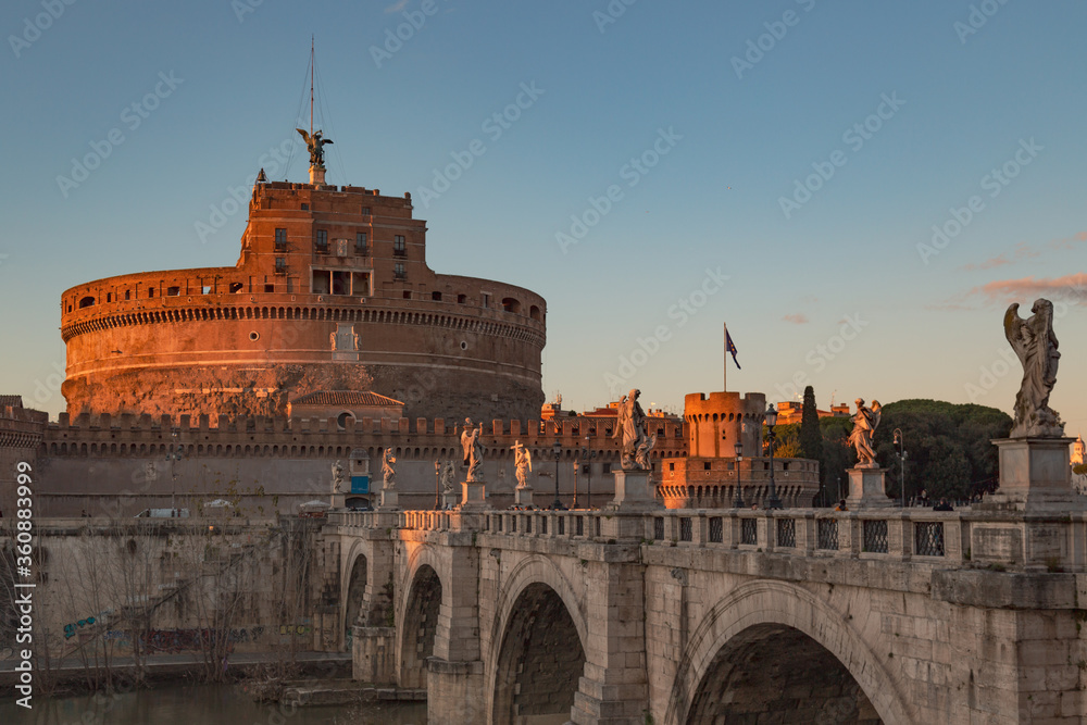View of Mausoleum of Hadrian, usually known as Castel Sant'Angelo (Castle of the Holy Angel), a towering cylindrical building in Parco Adriano, Rome, Italy, commissioned by the Roman Emperor Hadrian.

