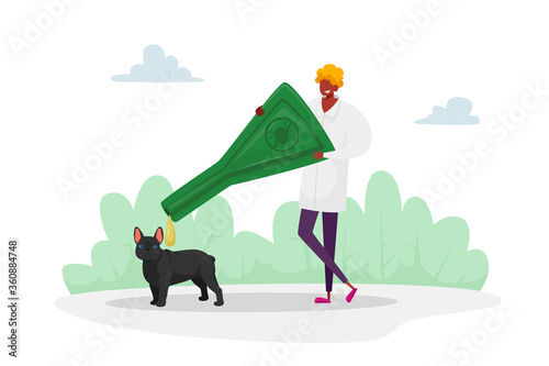 Domestic Animals Parasites Protection. Male Character Dripping Drops against Encephalitis Mites on Dogs. Doctor Protect Pet of Ticks and Poisonous Insects Living on Plants. Cartoon Vector Illustration