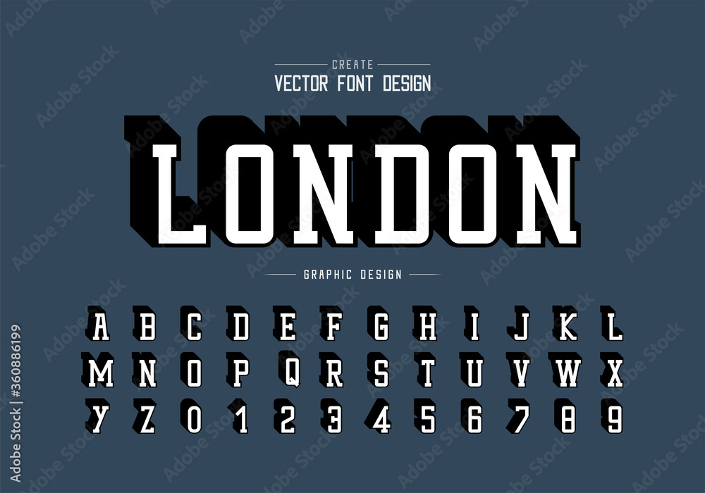Shadow font and alphabet vector, London typeface and number design, Graphic text on background