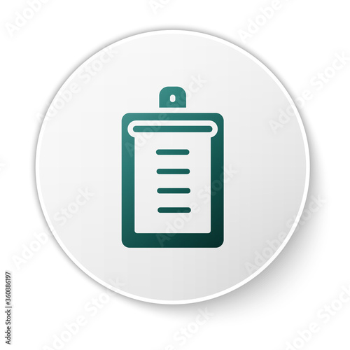 Green Clipboard with checklist icon isolated on white background. Control list symbol. Survey poll or questionnaire feedback form. White circle button. Vector.