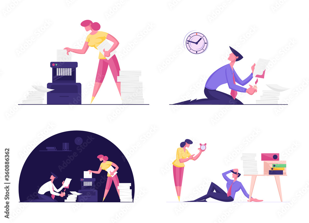 Set Business Characters. Hiding Illegal Business Activity Destroying Secret Docs. Businessman and Businesswoman Put Documents to Shredder. Procrastination in Office. Cartoon People Vector Illustration