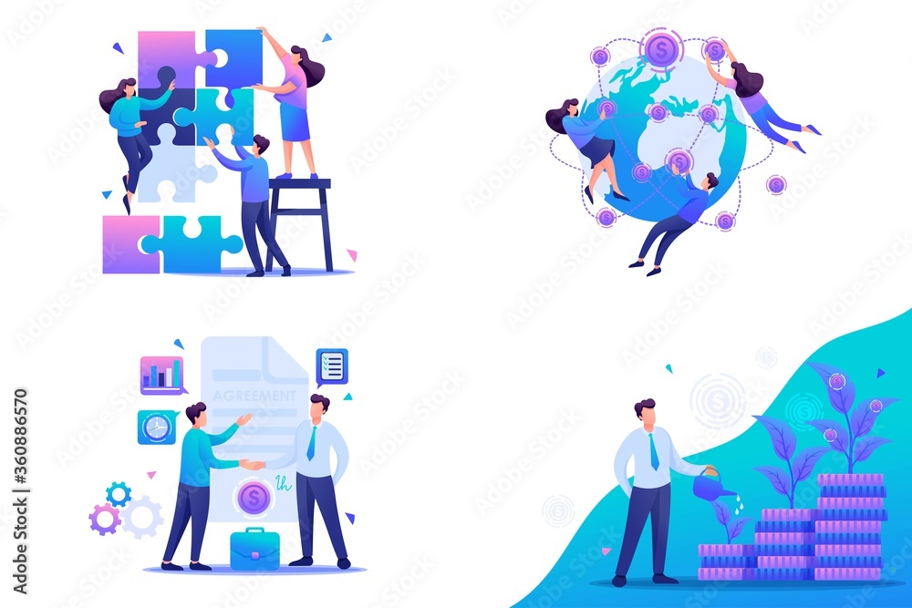 Set Flat 2D concepts teamwork, investment and growth, business agreement. For Concept for web design Set Flat 2D concepts teamwork, investment and growth, business agreement. For Concept for web design