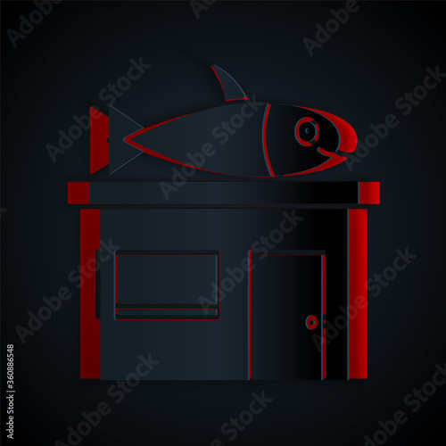 Paper cut Seafood store icon isolated on black background. Facade of seafood market. Paper art style. Vector..