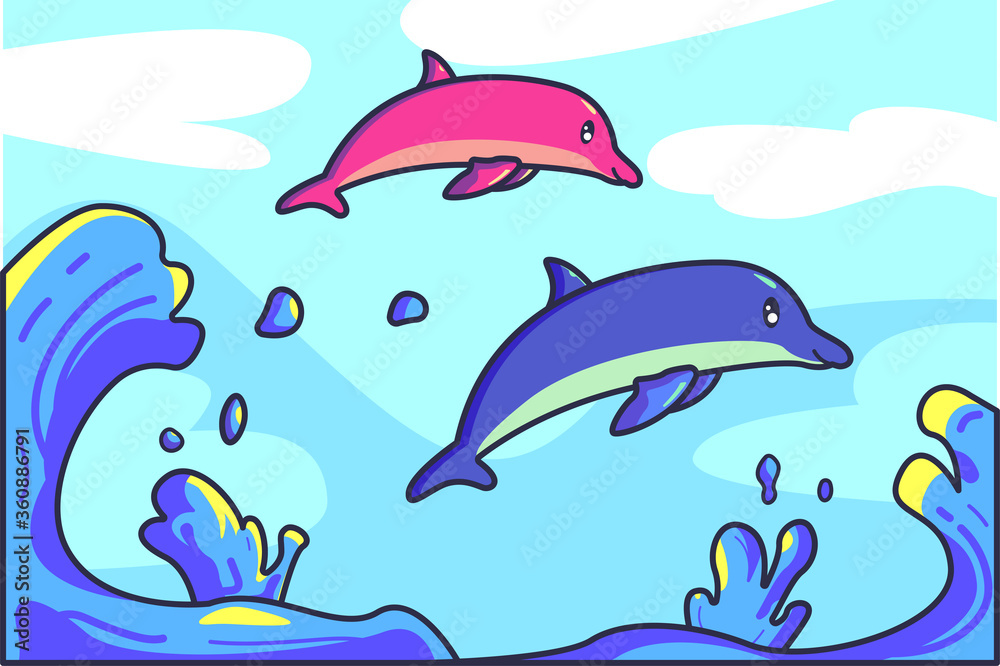 pink dolphin and blue dolphin jump over the waves