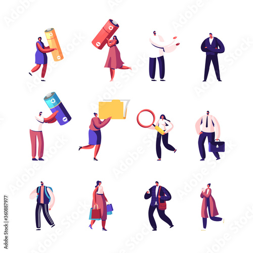 Set of Male and Female Characters Carry Huge Batteries, Office Folder with Documents and Magnifying Glass, Businessman with Briefcase, Woman with Shopping Bags. Cartoon People Vector Illustration