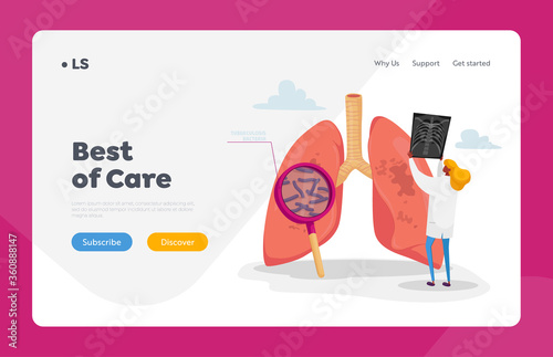 Tuberculosis or Pneumonia Disease Landing Page Template. Pulmonology Specialist, Professional Doctor Character Holding X-ray Image of Lungs Learning Patient Fluorography. Cartoon Vector Illustration