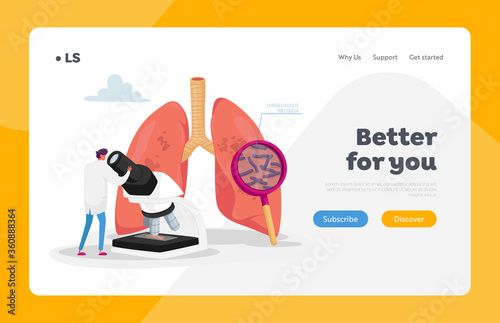 Fibrosis Tuberculosis Pneumonia Diagnosis Landing Page Template. Tiny Doctor Character Watching to Microscope Learning Microbes, Checking Lungs Sputum on Pulmonology. Cartoon Vector Illustration