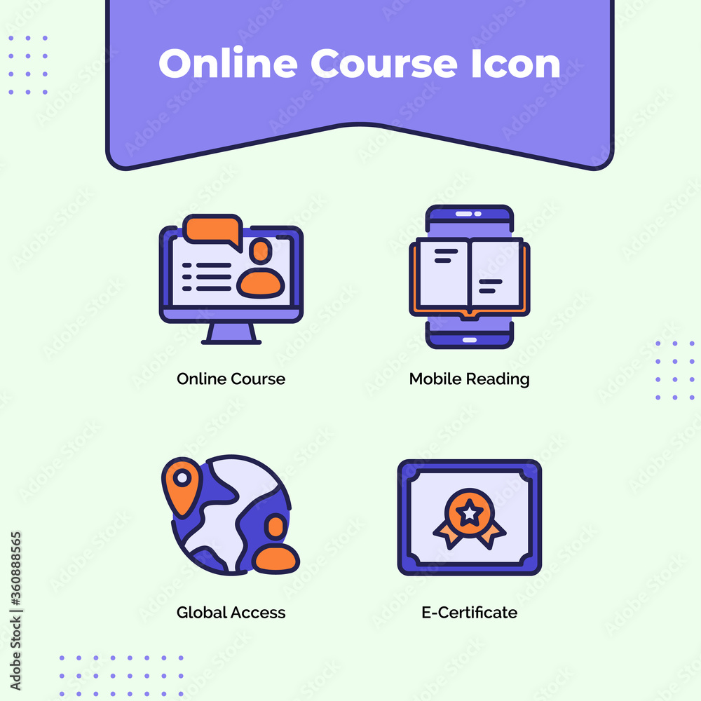 Preview online course icon mobile reading global access e-certificate with outline filled color modern flat style.