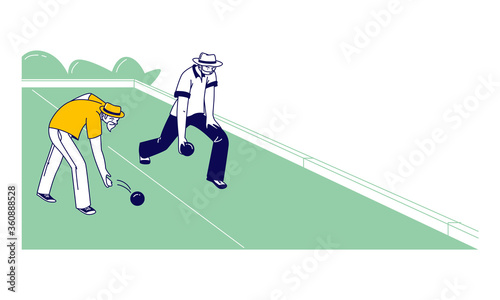 Senior Men Playing Bocce or Lawn Bowling Competing with each other. Couple of Elderly Friends Characters Playing Boules in Park Outdoor Area Enjoying Spare Time. Linear People Vector Illustration
