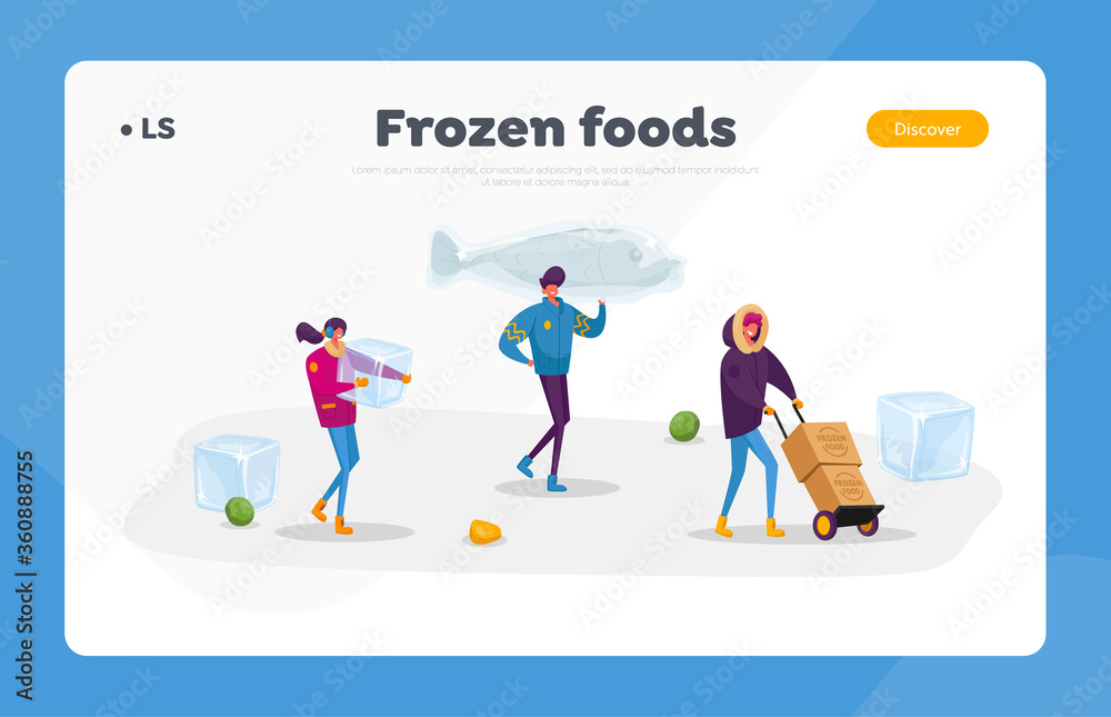 Healthy Refrigerated Food Landing Page Template. Tiny Characters Carry Huge Frozen Fish and Box with Products with Ice Cubes. People Freezing Production for Long Storage. Cartoon Vector Illustration