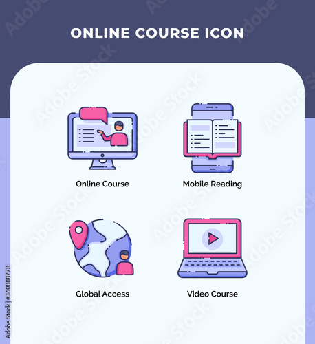 Preview online course icon mobile reading global access video course with outline filled color modern flat style