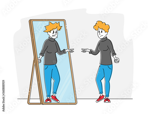 Female Character with Low Self-esteem Looking at Mirror See herself Reflection as Ugly Woman with Old Haggard Face. Disgust to Self Appearance, Depression, Mental Problem. Linear Vector Illustration