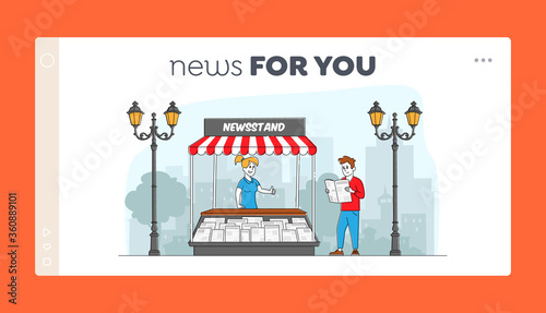 Press Media Business Landing Page Template. Characters Read and Sell Newspapers. Man Stand at Kiosk Read News while Walking on City Street. Person Buying Magazine. Linear People Vector Illustration