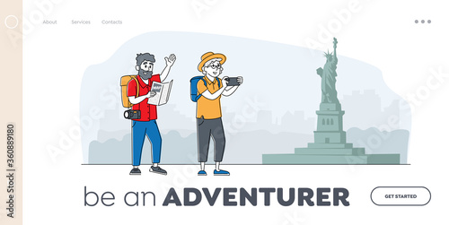 Senior Tourist Landing Page Template. Characters Watching Map and Making Picture in Trip. Elderly Traveling People with Camera and Luggage Search Way in Foreign Country. Linear Vector Illustration