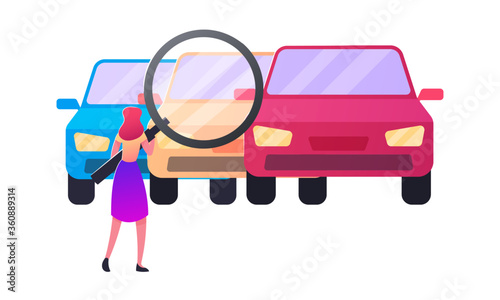 Woman Looking on Cars through Huge Magnifying Glass, Consumer Character Choosing Auto for Buying. Transport Retail Service, Market for Drivers, Vehicle Purchase Concept. Cartoon Vector Illustration