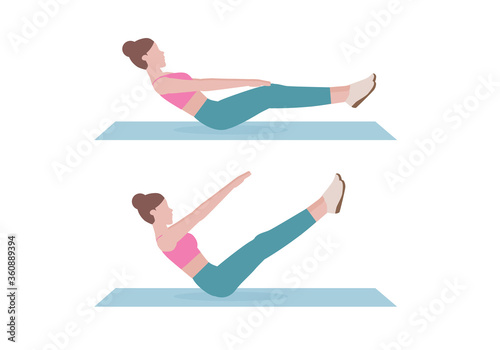 Young woman doing exercises. woman in pink shirt and a blue Long legs. Step by step instruction for doing Boat Pose. Isolated vector illustration in cartoon style. Fitness and heal.