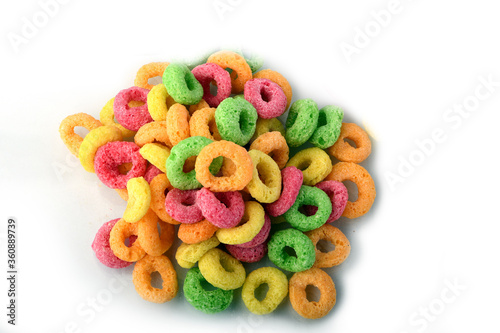 Breakfast cereal fruit rings on a white background