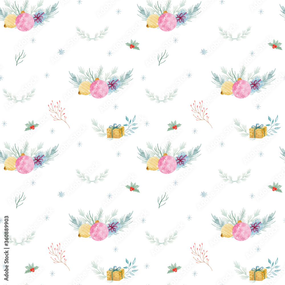 Fototapeta premium Watercolor seamless pattern with Traditional Christmas decorations.