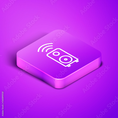 Isometric line Smart stereo speaker system icon isolated on purple background. Sound system speakers. Internet of things concept with wireless connection. Purple square button. Vector.