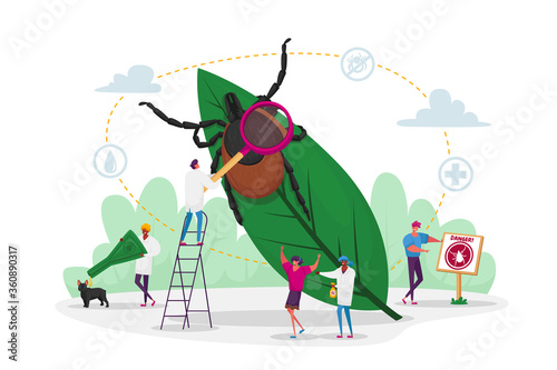 Tiny Characters Search Dangerous Insect. Mite Hid on Plant Leaf, People Spraying Insect Repellent on Skin and Dog Outdoor. Encephalitis Mite, Tick Bite Protection Concept. Cartoon Vector Illustration