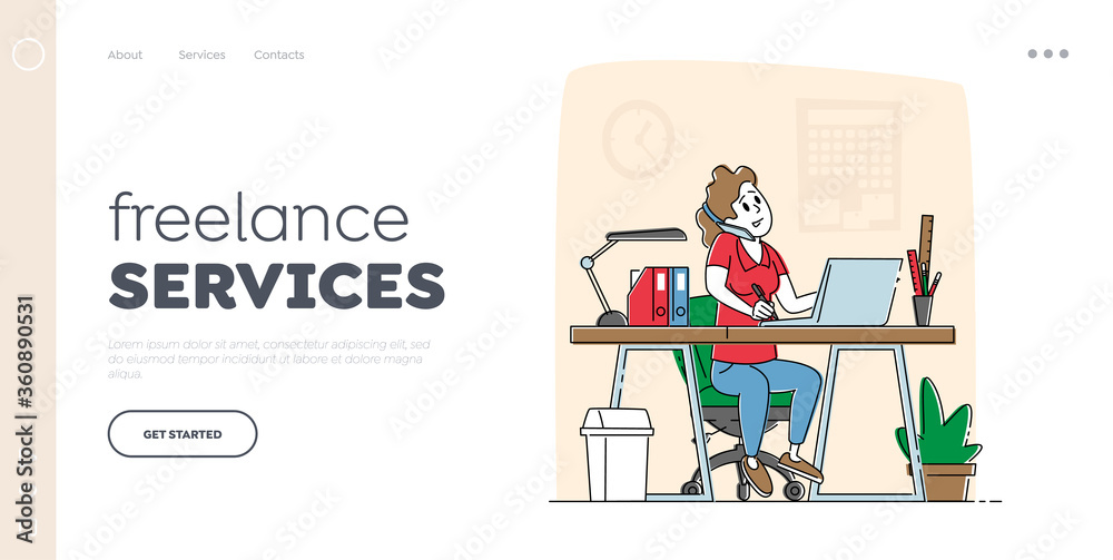 Freelance Employee Landing Page Template. Office Worker Busy Business Woman or Freelancer Character Working on Laptop Sitting at Table Workplace Talking by Mobile Phone. Linear Vector Illustration