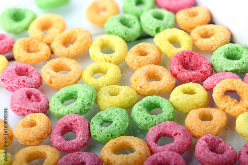 Breakfast cereal fruit rings on a white background