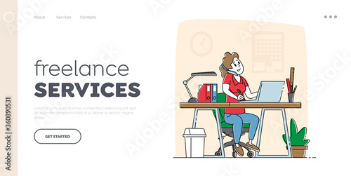 Freelance Employee Landing Page Template. Office Worker Busy Business Woman or Freelancer Character Working on Laptop Sitting at Table Workplace Talking by Mobile Phone. Linear Vector Illustration