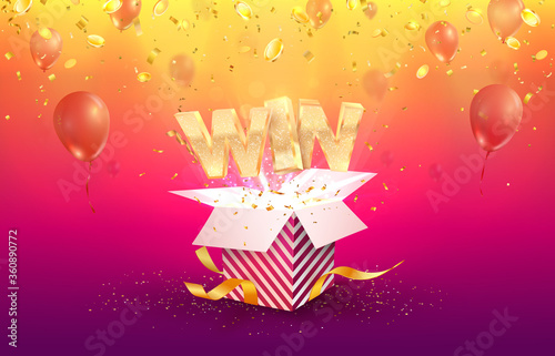 Win vector illustration. Gambling advertising banner. Open textured gift box with confetti explosion out off and falling down coins. Giftbox on bright background. 