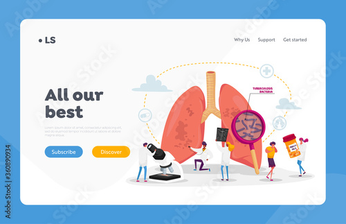 Respiratory Medicine Pulmonology Healthcare Landing Page Template. Doctors Characters Check Human Tuberculosis Lungs with Glass, Make X-ray, Pulmonological Care. Cartoon People Vector Illustration