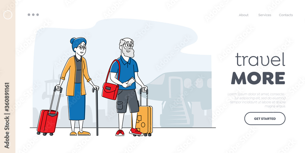 Aged Couple Voyage Landing Page Template. Senior Tourist Characters with Luggage Boarding on Airplane for Trip, Elderly Traveling People Going to Foreign Country. Linear People Vector Illustration