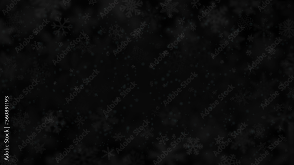 Obraz premium Christmas background of snowflakes of different shapes, sizes, blur and transparency in dark black colors