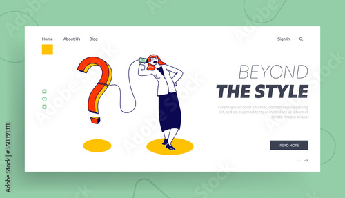 Retro Appliance Communication, Faq Landing Page Template. Female Character Speaking by Deaf Phone or Can Telephone made of Tin Jars Connected with Rope with Huge Question. Linear Vector Illustration