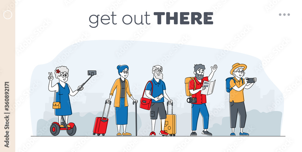 Elderly Characters Travel Group Landing Page Template. Mature Tourists Stand on City Street in Foreign Country. Old People Traveling with Map, Photo Camera, Luggage, Selfie. Linear Vector Illustration