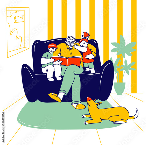 Happy Family Characters Grandparent with Kids Spend Time at Home. Grandfather Reading Book to Children Sitting on Sofa, Boy and Girl Listening, Sparetime, Leisure. Linear People Vector Illustration