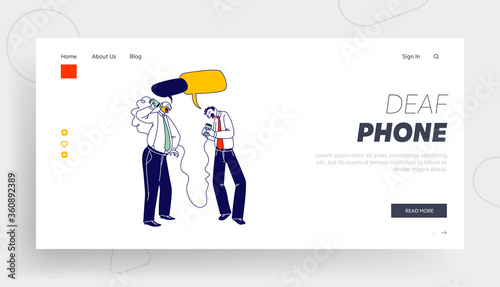 Communication, Retro Transmitter Appliance Landing Page Template. Business Men Characters Speaking by Deaf Phone made of Tin Jars Connected with Rope or String. Linear People Vector Illustration