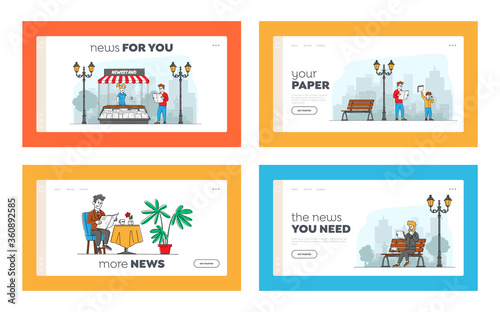 People Reading or Selling Newspapers Landing Page Template Set. Businessman Read Magazine Sitting on Bench. Male Characters Buy Press at Kiosk, Read News at Home and Street. Linear Vector Illustration