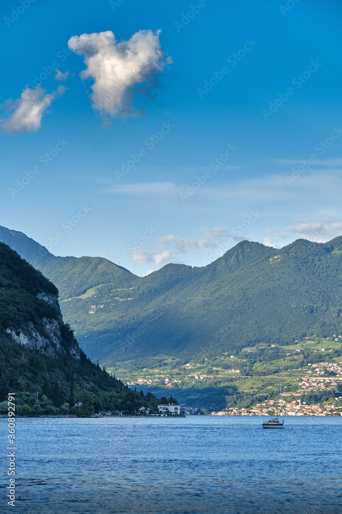 Panoramic view of the Lake Iseo with sailboat
