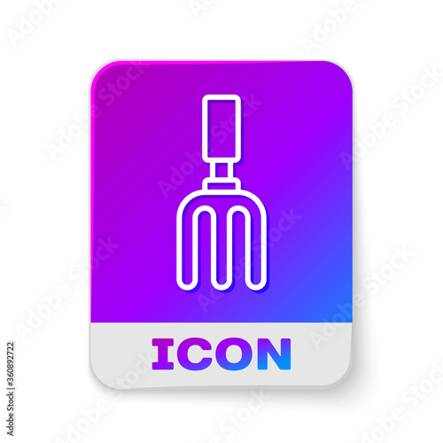 White line Garden rake icon isolated on white background. Tool for horticulture, agriculture, farming. Ground cultivator. Rectangle color button. Vector.